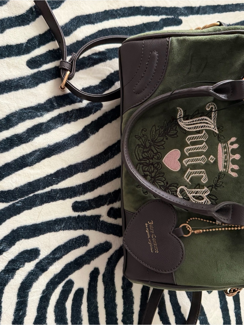 Juicy Couture Olive Green Suede Satchel with Dark Brown Trim and Pink Accents
